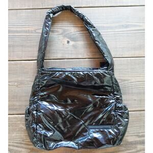 TAHARI Shoulder Bag Womens Black Glossy Quilted Puffer Tote Hobo Zip Top Pockets